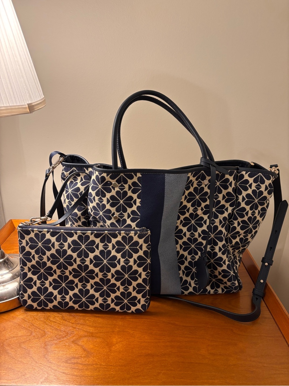 kate spade Navy and Cream Floral Jacquard Tote with Removable Pouch